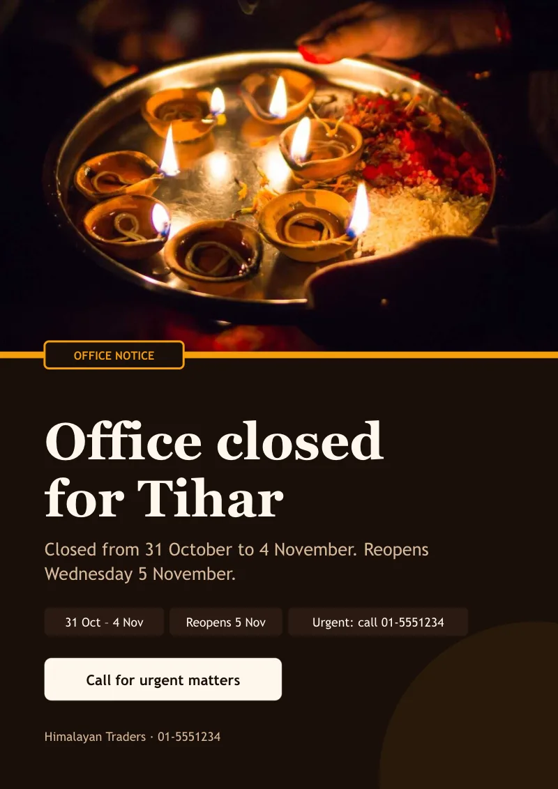 Office closed for Tihar template
